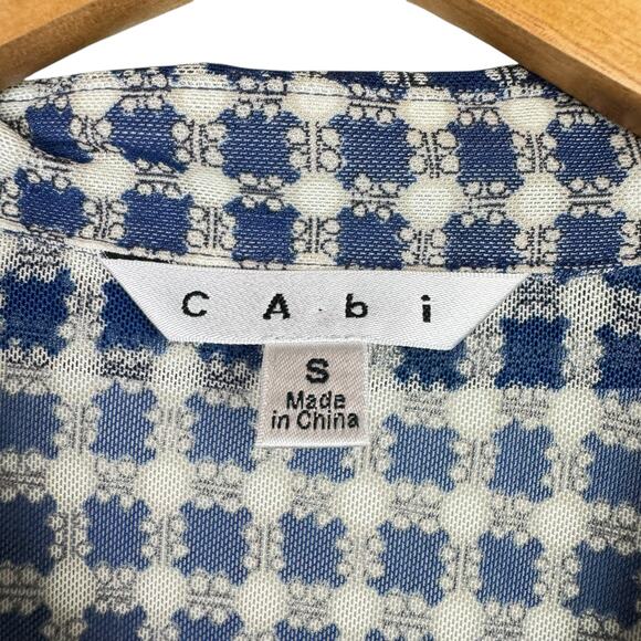 Cabi 736 Blue & Cream Geometric Print Sheer Mesh Long Sleeve Button Up Blouse - Picture 11 of 13